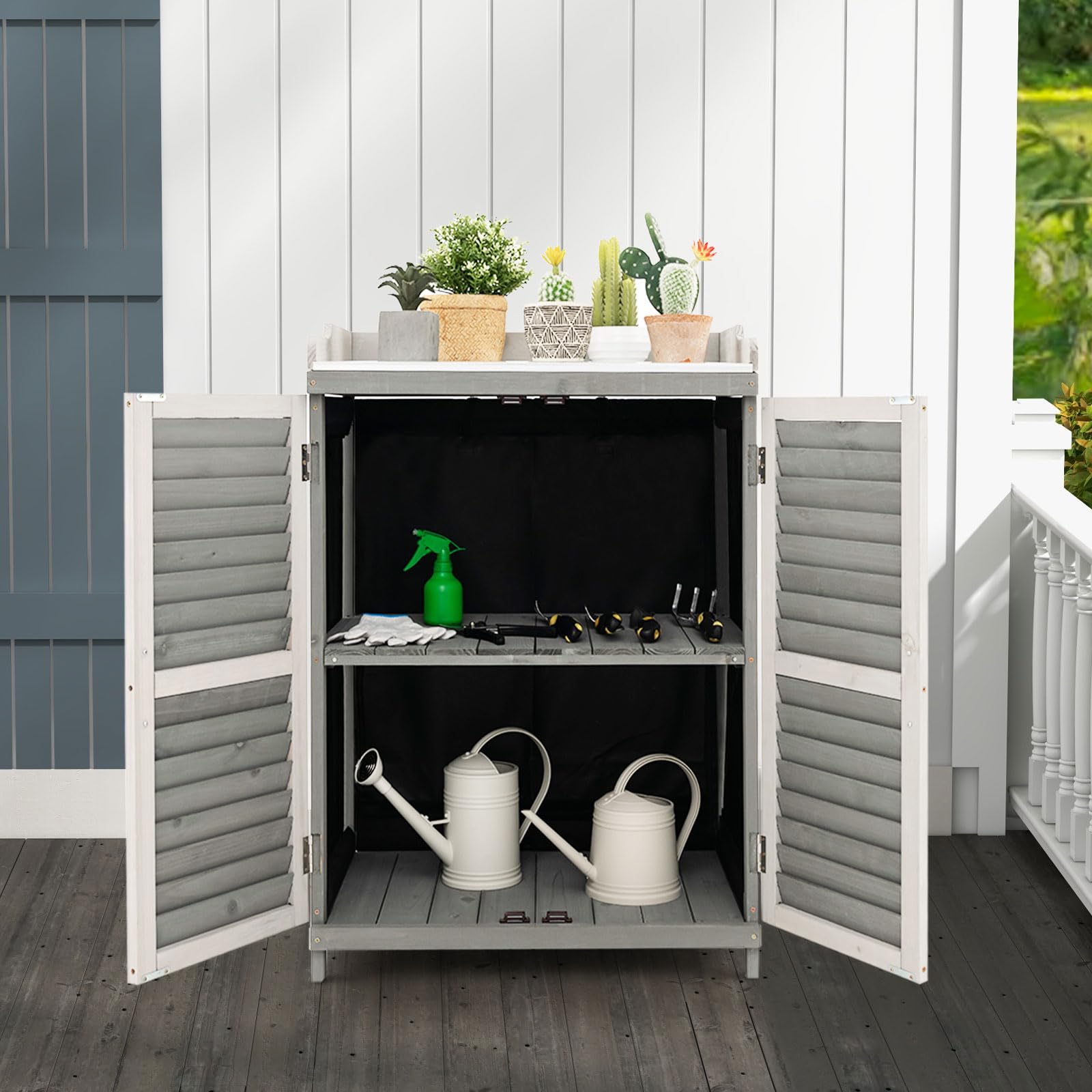 Outdoor Potting Bench Table, Garden Storage Cabinet w/Metal Tabletop